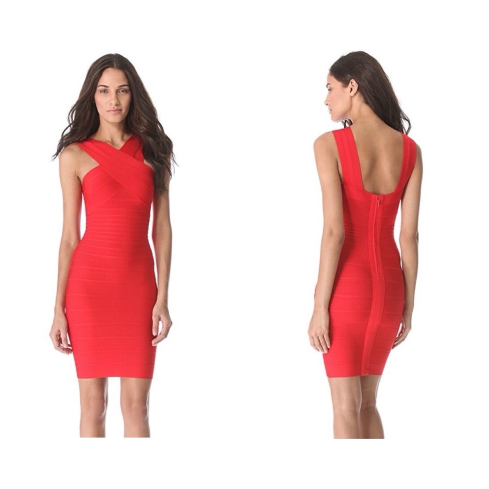 Herve Leger Red Stella Cross Front Bandage Dress - Picture 6 of 10